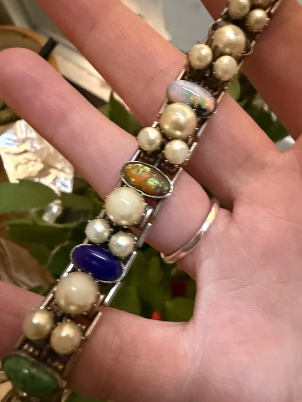 Elegant Antique Rare Multi-Color Faux Pearl and Cabochon Stretch Bracelet